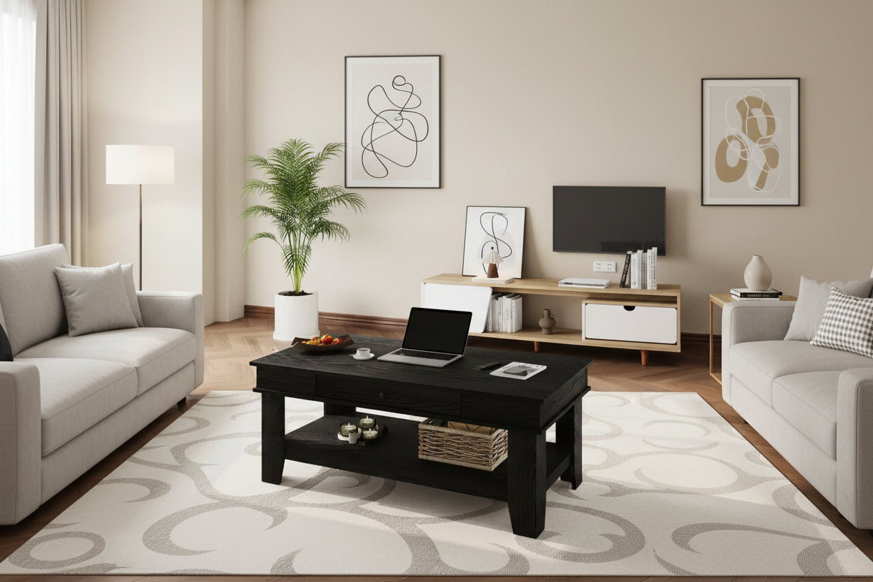 47.2 Rustic Farmhouse Coffee Table  300 Lb Capacity, with Drawer & Storage Shelf  Perfect for Living Room (1-Pack)