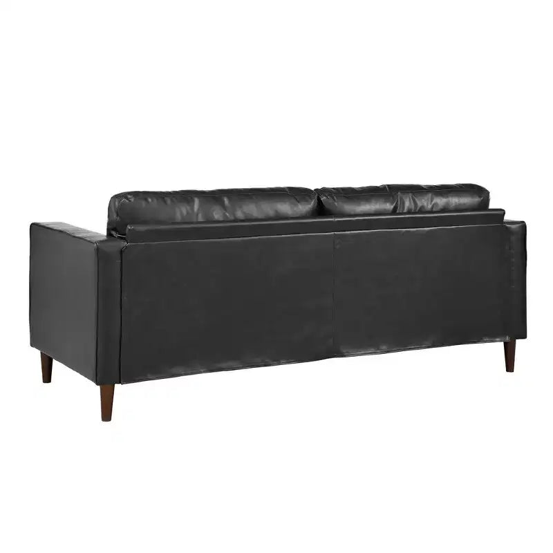 Divano a 3 posti in pelle sintetica, divano moderno di metà secolo con design trapuntato, gambe in legno massello, 2 cuscini a rullo