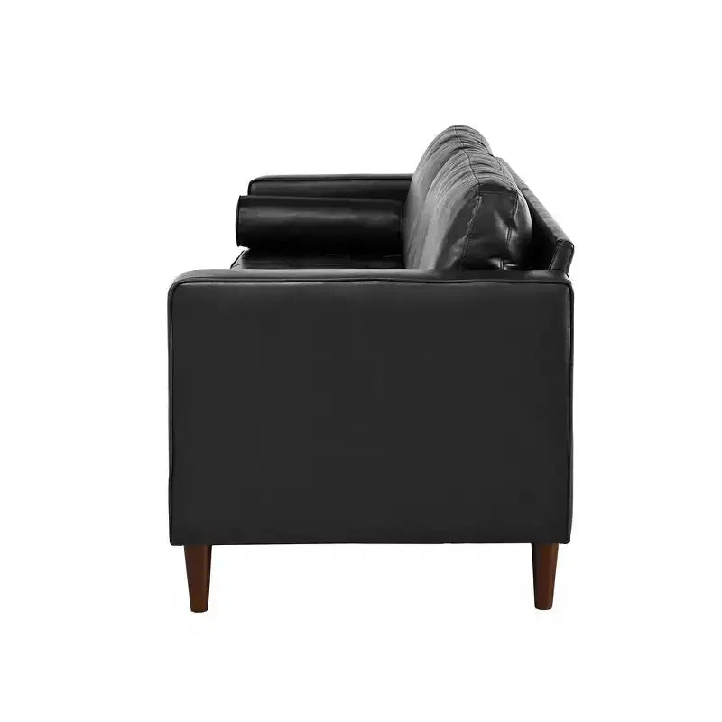 Divano a 3 posti in pelle sintetica, divano moderno di metà secolo con design trapuntato, gambe in legno massello, 2 cuscini a rullo