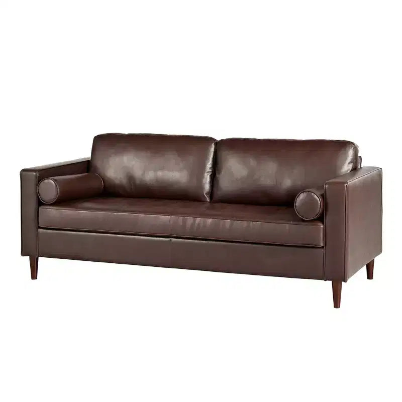 Divano a 3 posti in pelle sintetica, divano moderno di metà secolo con design trapuntato, gambe in legno massello, 2 cuscini a rullo