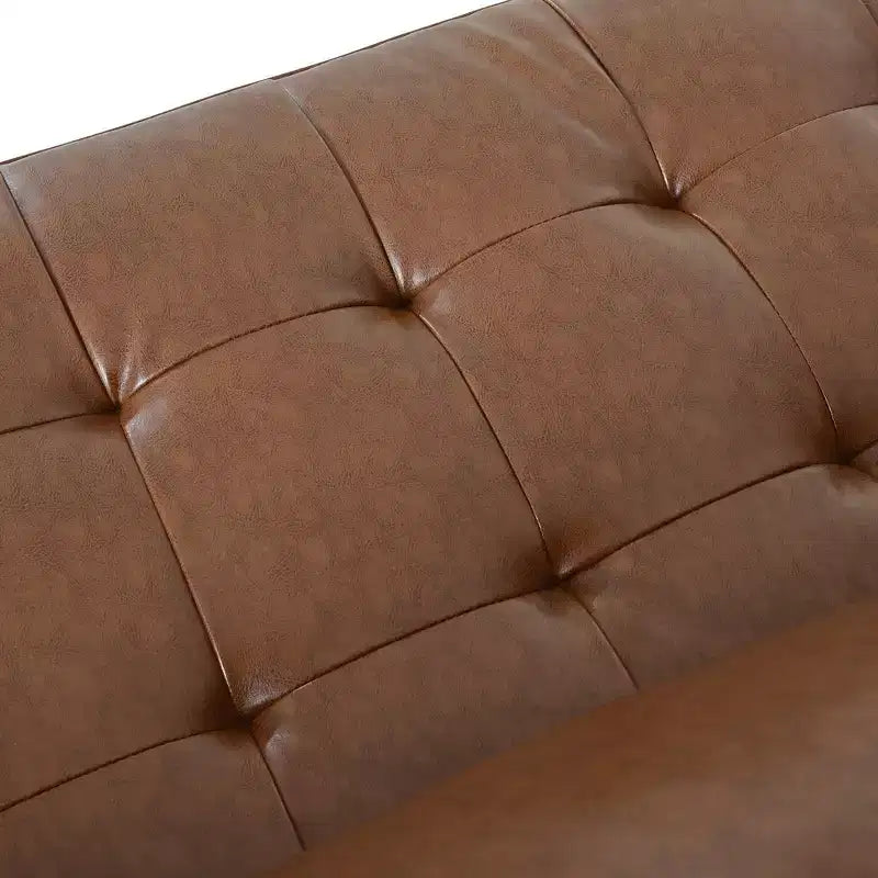 Divano a 3 posti in pelle sintetica, divano moderno di metà secolo con design trapuntato, gambe in legno massello, 2 cuscini a rullo