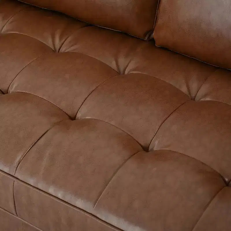 Divano a 3 posti in pelle sintetica, divano moderno di metà secolo con design trapuntato, gambe in legno massello, 2 cuscini a rullo