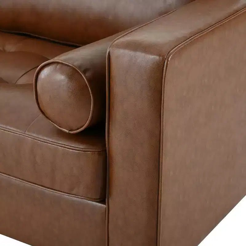Divano a 3 posti in pelle sintetica, divano moderno di metà secolo con design trapuntato, gambe in legno massello, 2 cuscini a rullo