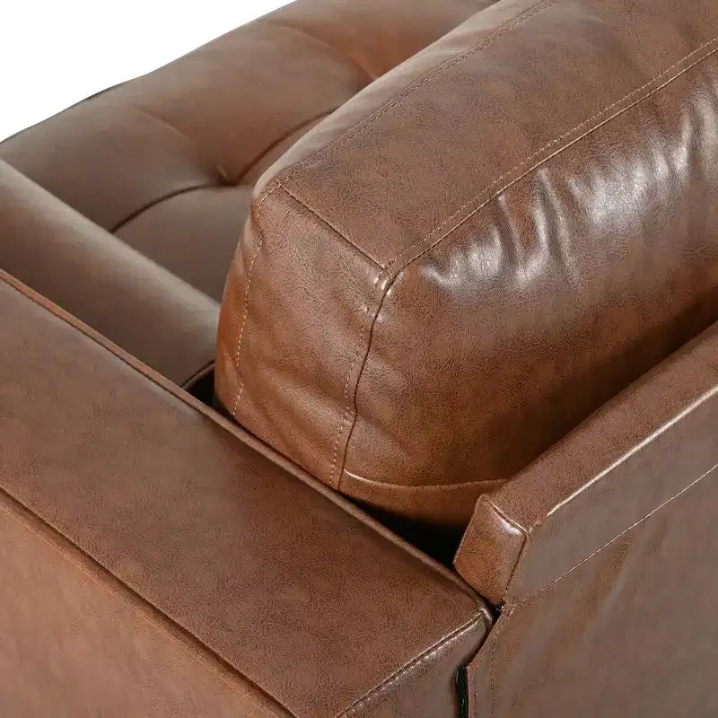 Divano a 3 posti in pelle sintetica, divano moderno di metà secolo con design trapuntato, gambe in legno massello, 2 cuscini a rullo