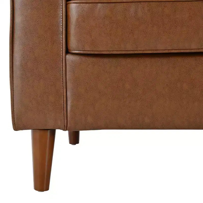 Divano a 3 posti in pelle sintetica, divano moderno di metà secolo con design trapuntato, gambe in legno massello, 2 cuscini a rullo