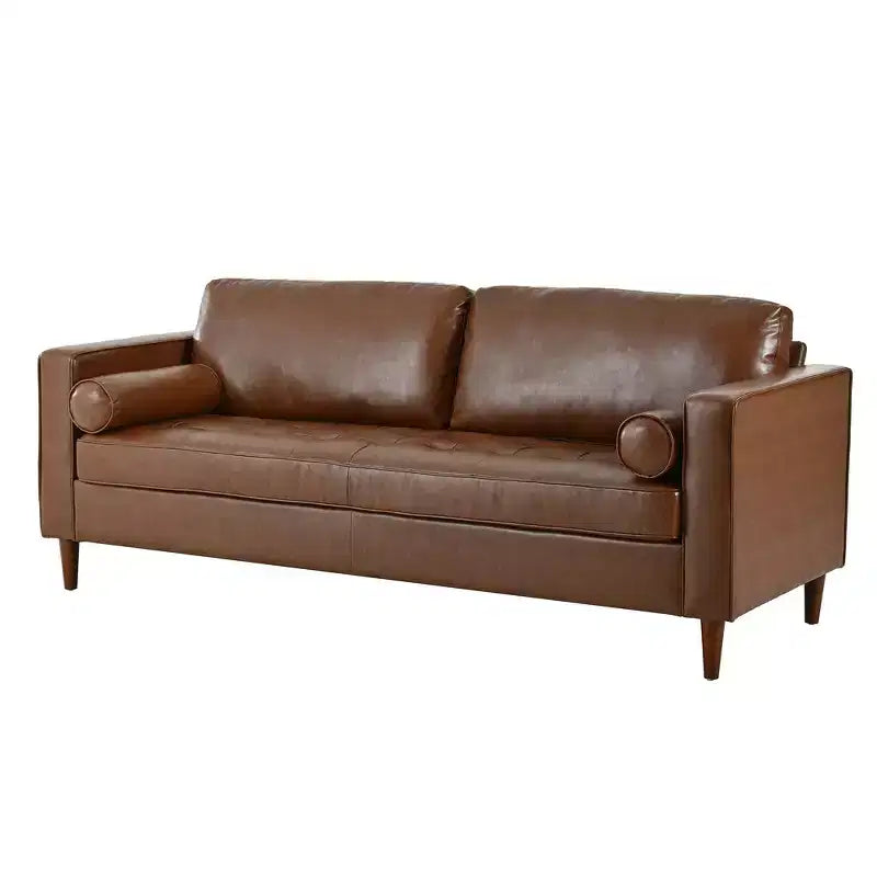 Divano a 3 posti in pelle sintetica, divano moderno di metà secolo con design trapuntato, gambe in legno massello, 2 cuscini a rullo