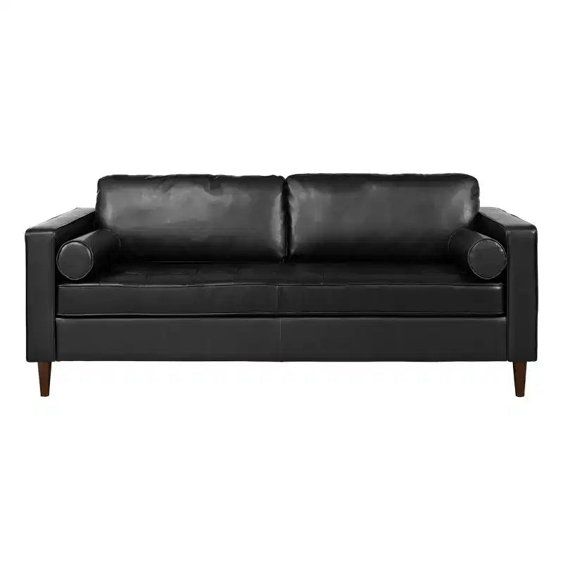 Divano a 3 posti in pelle sintetica, divano moderno di metà secolo con design trapuntato, gambe in legno massello, 2 cuscini a rullo
