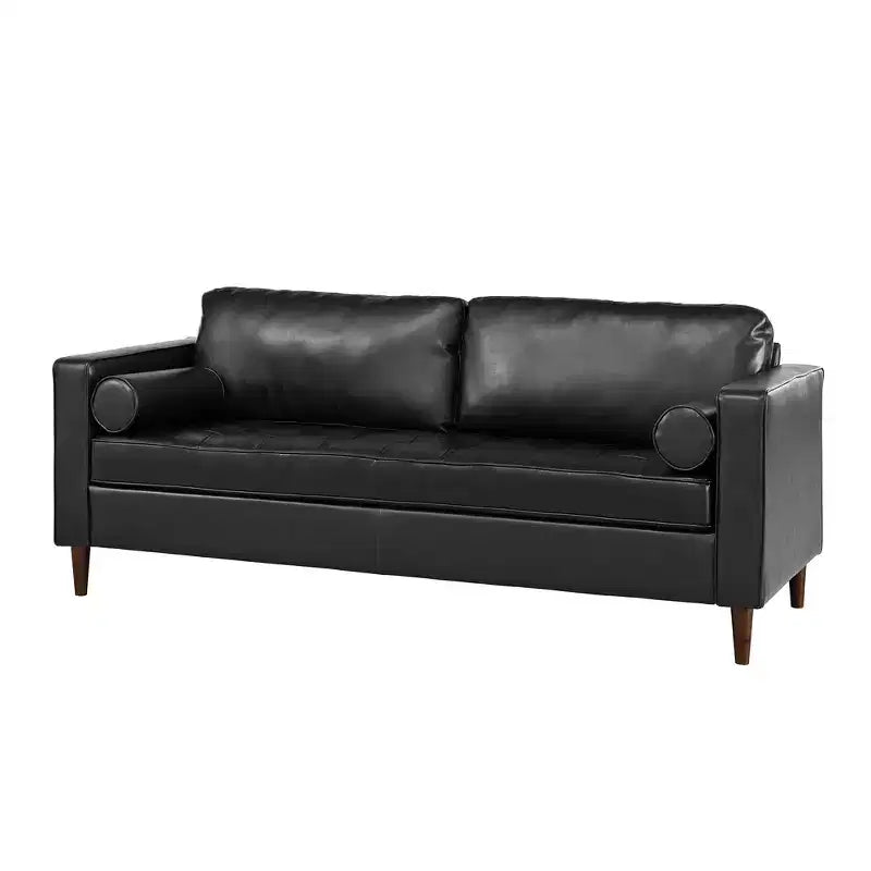 Divano a 3 posti in pelle sintetica, divano moderno di metà secolo con design trapuntato, gambe in legno massello, 2 cuscini a rullo