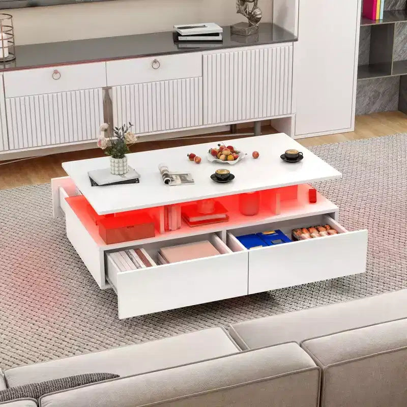 Tavolino da Caffè a LED con Contenitore, 4 Cassetti, Tavolini Moderni Lucidi per Salotto, Piccolo Tavolo Centrale con Ripiano a Giorno, Bianco