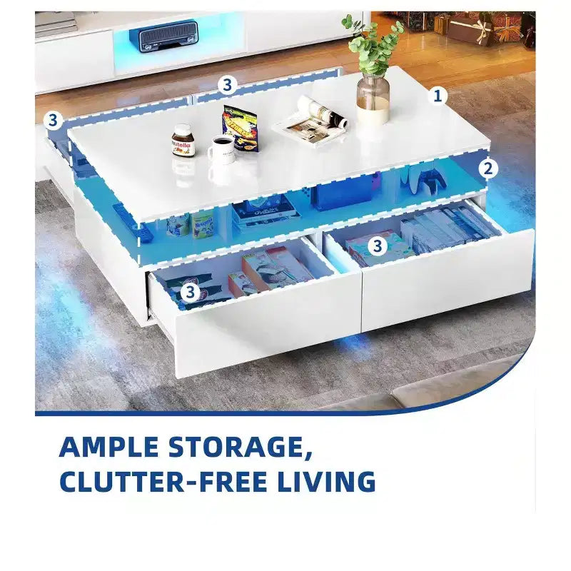 Tavolino da Caffè a LED con Contenitore, 4 Cassetti, Tavolini Moderni Lucidi per Salotto, Piccolo Tavolo Centrale con Ripiano a Giorno, Bianco