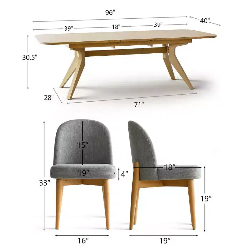 Set da pranzo da 7 pezzi, tavolo allungabile con base a cavalletto da 78-96 pollici con sedie imbottite con gambe in legno massello