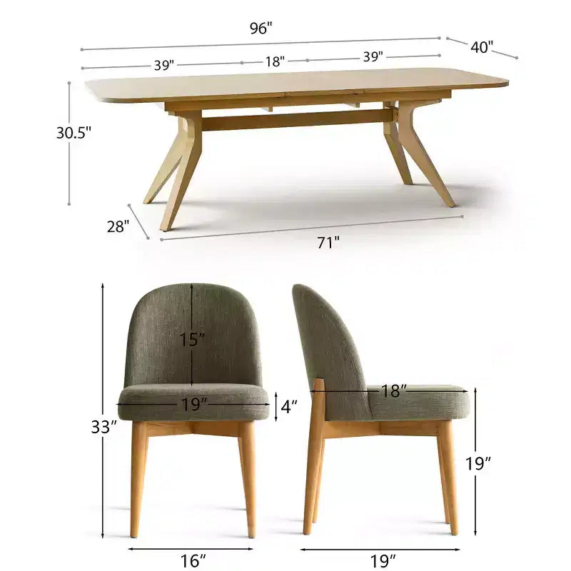 Set da pranzo da 7 pezzi, tavolo allungabile con base a cavalletto da 78-96 pollici con sedie imbottite con gambe in legno massello