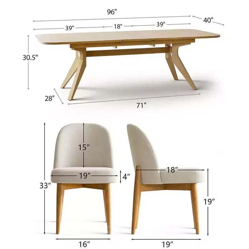 Set da pranzo da 7 pezzi, tavolo allungabile con base a cavalletto da 78-96 pollici con sedie imbottite con gambe in legno massello