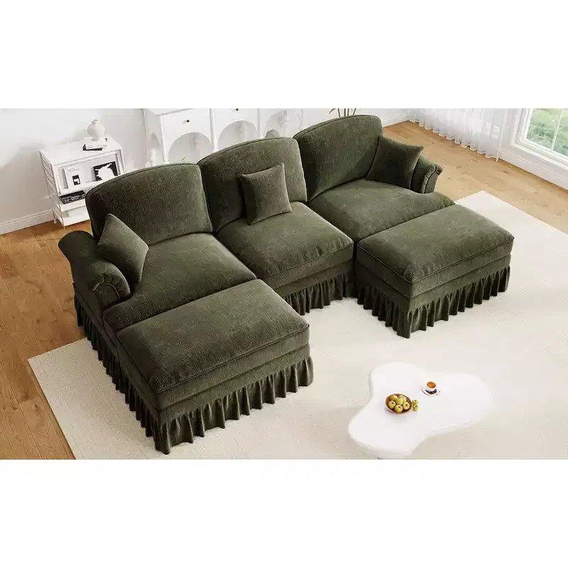 Divano a U in ciniglia stile moderno della metà del secolo da 107 pollici, con orlo arricciato rimovibile, divani componibili con cuscini decorativi e 2 pouf, verde