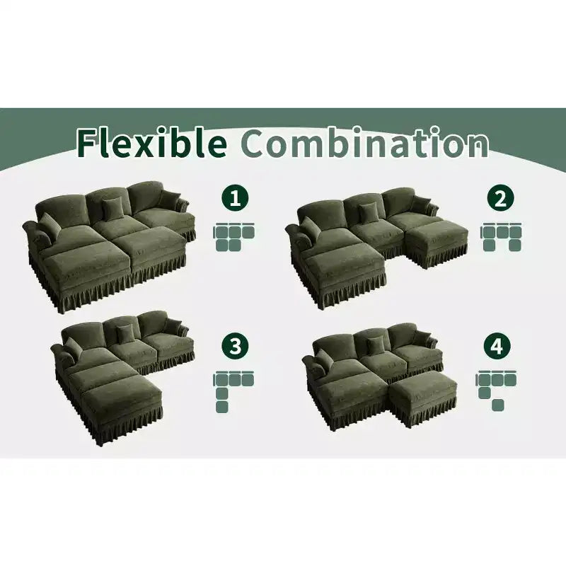 Divano a U in ciniglia stile moderno della metà del secolo da 107 pollici, con orlo arricciato rimovibile, divani componibili con cuscini decorativi e 2 pouf, verde