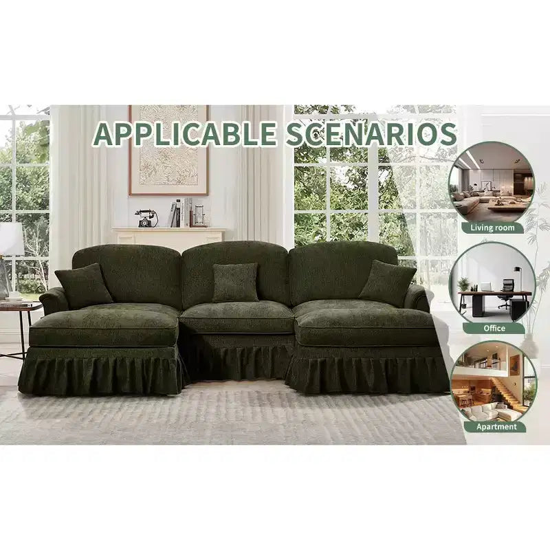 Divano a U in ciniglia stile moderno della metà del secolo da 107 pollici, con orlo arricciato rimovibile, divani componibili con cuscini decorativi e 2 pouf, verde