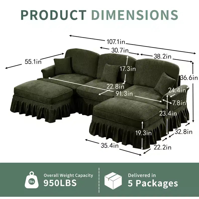 Divano a U in ciniglia stile moderno della metà del secolo da 107 pollici, con orlo arricciato rimovibile, divani componibili con cuscini decorativi e 2 pouf, verde