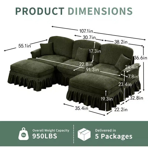 Divano a U in ciniglia stile moderno della metà del secolo da 107 pollici, con orlo arricciato rimovibile, divani componibili con cuscini decorativi e 2 pouf, verde