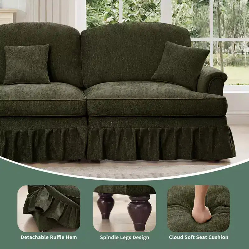 Divano a U in ciniglia stile moderno della metà del secolo da 107 pollici, con orlo arricciato rimovibile, divani componibili con cuscini decorativi e 2 pouf, verde
