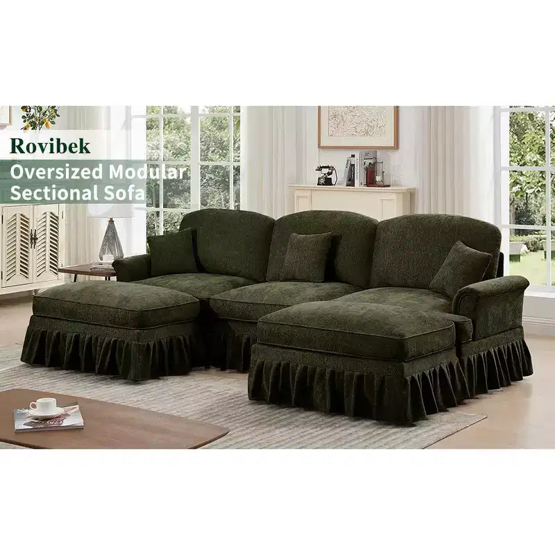 Divano a U in ciniglia stile moderno della metà del secolo da 107 pollici, con orlo arricciato rimovibile, divani componibili con cuscini decorativi e 2 pouf, verde