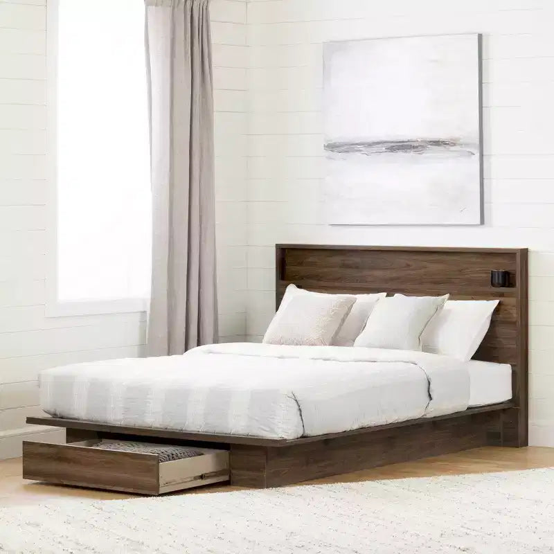 Testiera Letto Matrimoniale/Queen Size con Ripiano, Noce Naturale